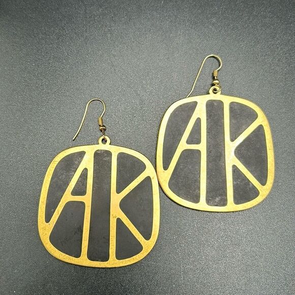 VTG 1980s Anne Klein Large Logo Black Gold Tone Earrings - Picture 1 of 10